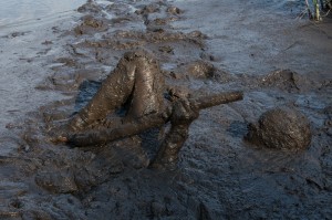 man immersed in swamp mud with breathing hose