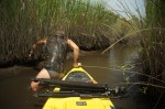 muddy man, pulling kayak through swamp