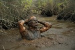 muddy man up to his armpits in swamp mud